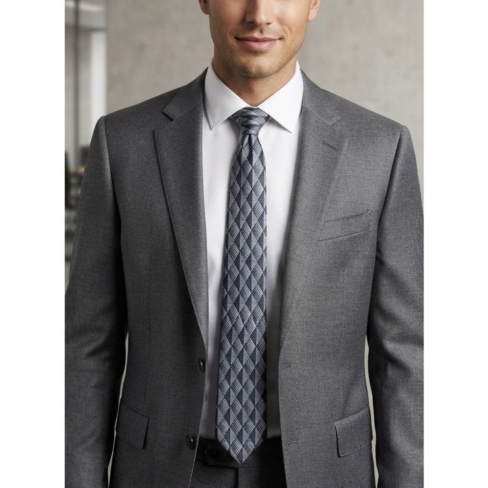 Oaktree Mens Neck Tie Black Silver Gray Geometric Diamond Pattern Woven Formal